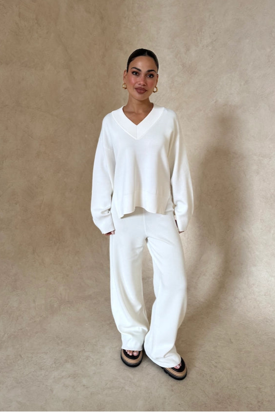 Lilly Knit Pant by Sneaky Link, high-waisted wide-leg viscose blend pants with elastic waistband for chic comfort at home or out.