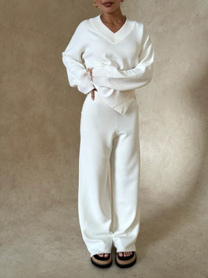 Lilly Knit Pant by Sneaky Link, high-waisted wide-leg viscose blend pants with elastic waistband for chic comfort at home or out.