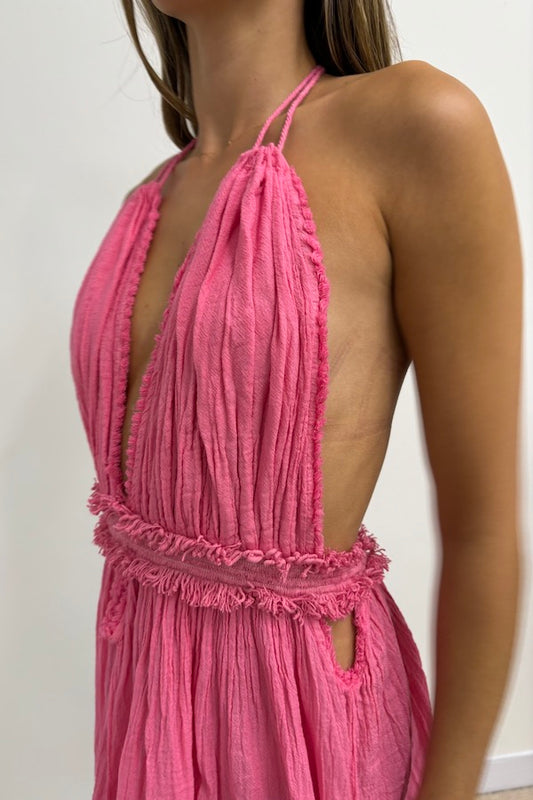 Lefkothea Mini Dress Pink by D'Artemide – Cotton halterneck mini with deep V, elastic waist, low back for a chic look.