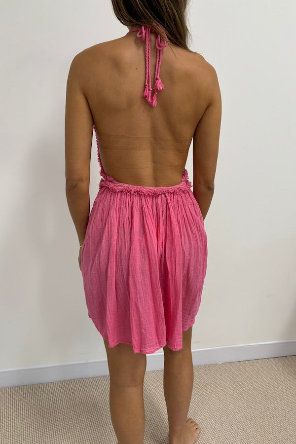 Lefkothea Mini Dress Pink by D'Artemide – Cotton halterneck mini with deep V, elastic waist, low back for a chic look.