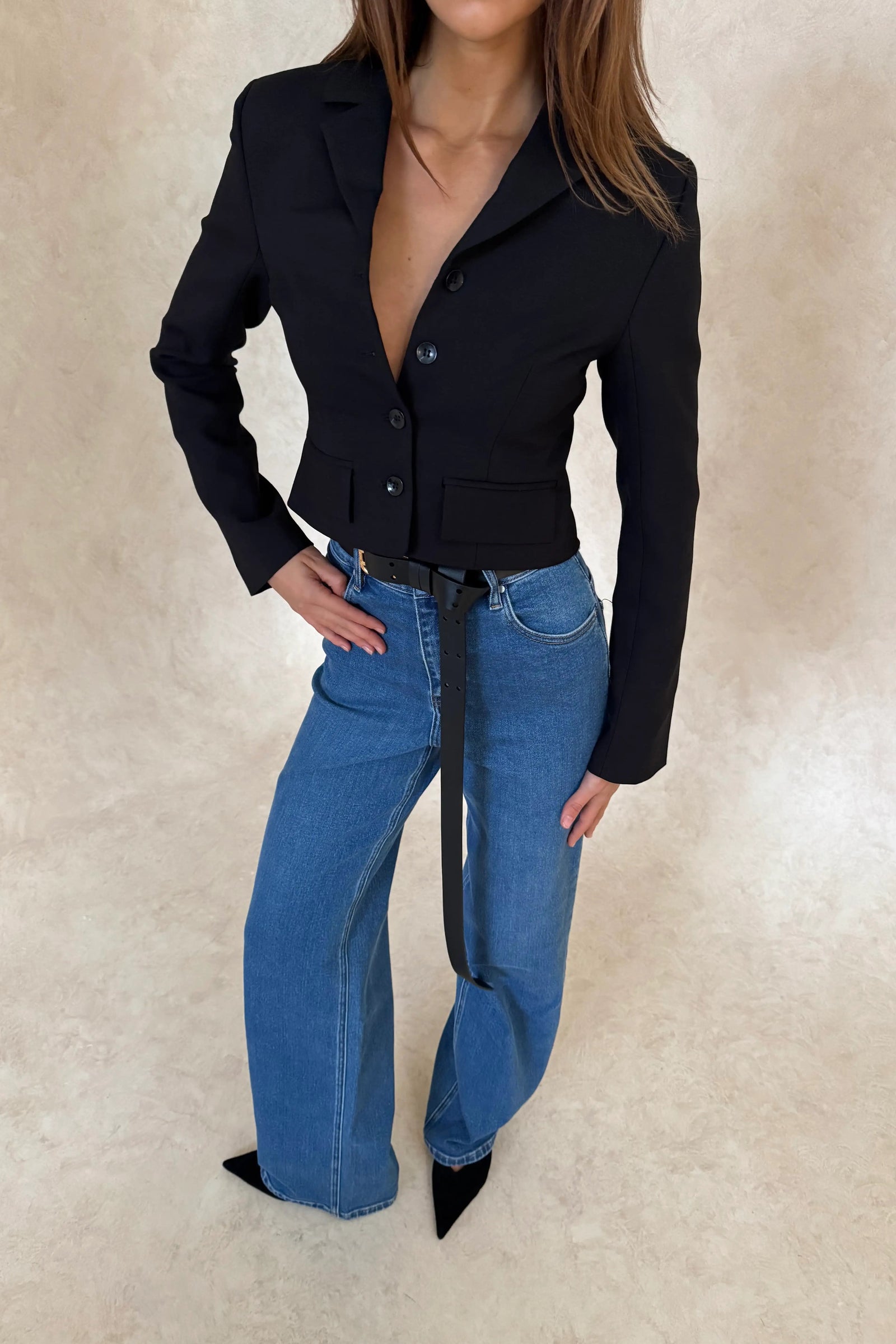 Sammy Blazer Top Black by Sneaky Link, cropped structured blazer with clean buttons and tailored fit for polished style.