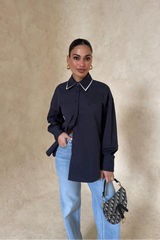Boston Shirt Navy by Sneaky Link, oversized cotton button up shirt, perfect for everyday styling or layered looks