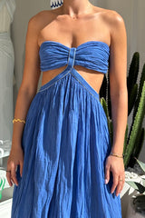 Chloe Dress Royal Blue by D’Artemide – A timeless one-size cotton silhouette with ruched strapless bodice and low back, perfect for sunset soirées.