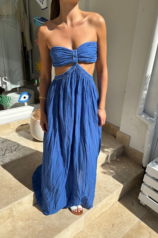 Chloe Dress Royal Blue by D’Artemide – A timeless one-size cotton silhouette with ruched strapless bodice and low back, perfect for sunset soirées.
