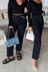 Nico Straight Blackout by Neuw Denim, trendy super high-rise jeans with a straight relaxed leg and comfort stretch denim. Perfect for an elongated silhouette, adaptable to both casual and refined styling.