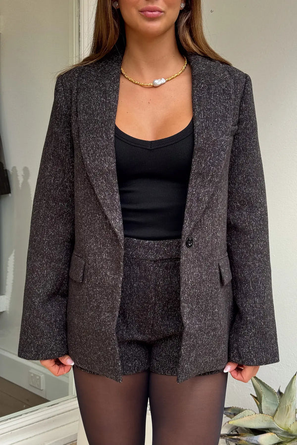 Gretta Blazer Black Marle by Sneaky Link, a warm textured poly blazer with single-button closure, classic tailoring, and relaxed fit for day-to-night style.