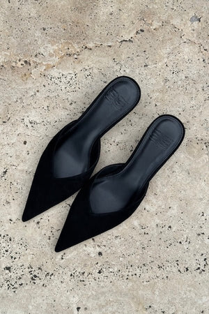 Monroe Suede Heel Black by Sneaky Link — Features a 4cm heel, suede outer, glossy heel, and manmade sole. Fits true to size.