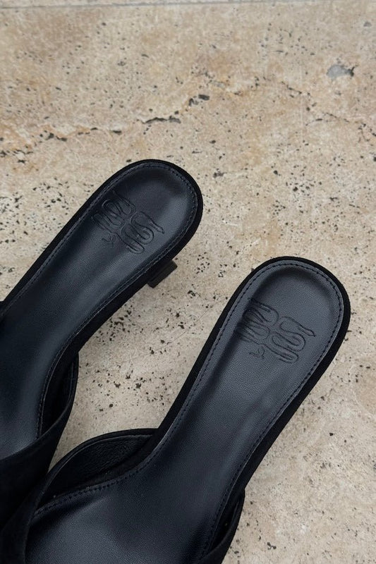 Monroe Suede Heel Black by Sneaky Link — Features a 4cm heel, suede outer, glossy heel, and manmade sole. Fits true to size.