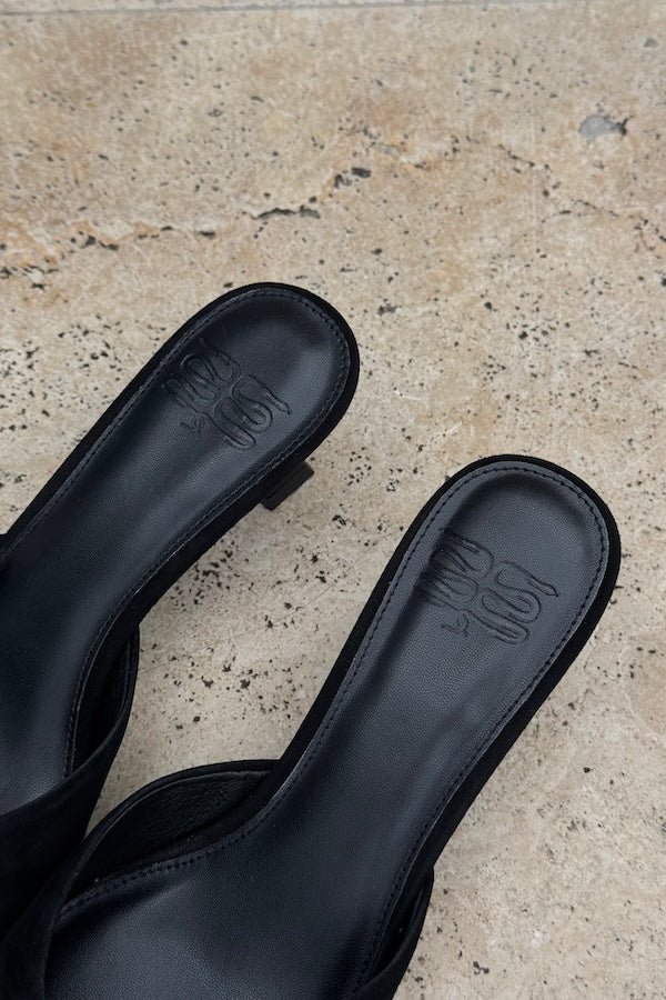 Monroe Suede Heel Black by Sneaky Link — Features a 4cm heel, suede outer, glossy heel, and manmade sole. Fits true to size.