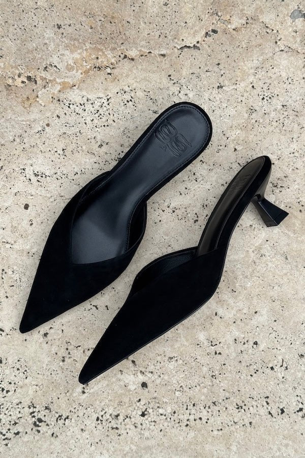 Monroe Suede Heel Black by Sneaky Link — Features a 4cm heel, suede outer, glossy heel, and manmade sole. Fits true to size.