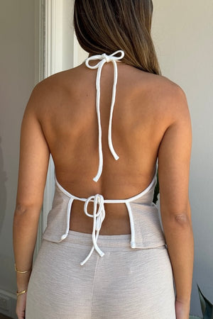 Charlie Halter Top Sand/White by Sneaky Link – A trendy summer essential with a chic halter neckline and open back, perfect for beach-to-bar style.