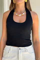 Bella Halter Tank Black by Sneaky Link – A chic, breathable cotton-spandex tank with a deep scoop neckline and open back, perfect for layering or solo wear.