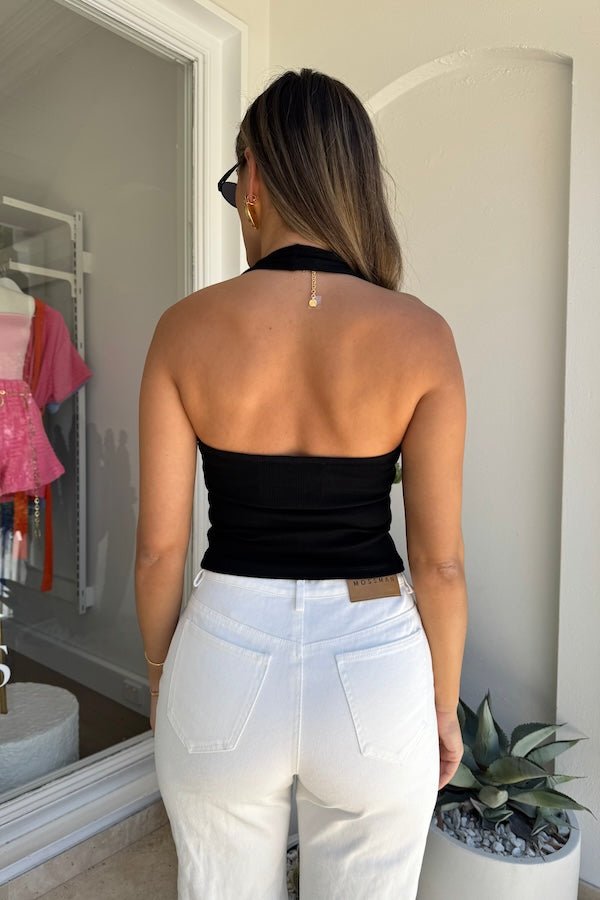 Bella Halter Tank Black by Sneaky Link – A chic, breathable cotton-spandex tank with a deep scoop neckline and open back, perfect for layering or solo wear.