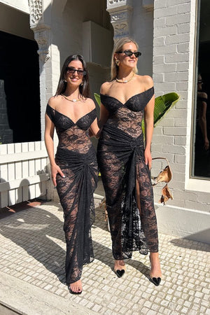 Aubrey Dress Black by Natalie Rolt – A striking lace two-piece with a ruched silhouette and cut-out detail, perfect for chic evening events.