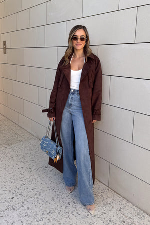 Dani Trench Coat Chocolate by Sneaky Link, modern classic faux suede trench with structured lapels and waist-defining belt, perfect for layering and transitional seasons.