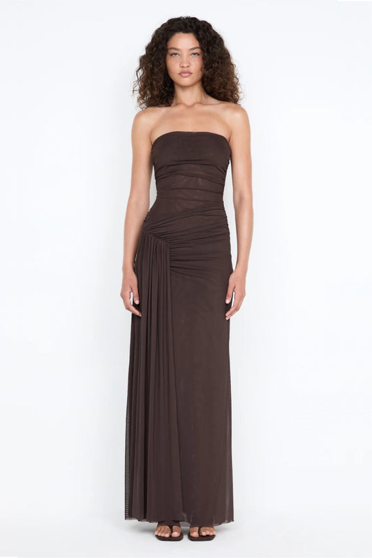 Ida Strapless Dress by Bec + Bridge — dark chocolate strapless mesh maxi dress with gathered waist and draped hip detailing.