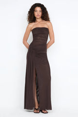 Ida Strapless Dress by Bec + Bridge — dark chocolate strapless mesh maxi dress with gathered waist and draped hip detailing.