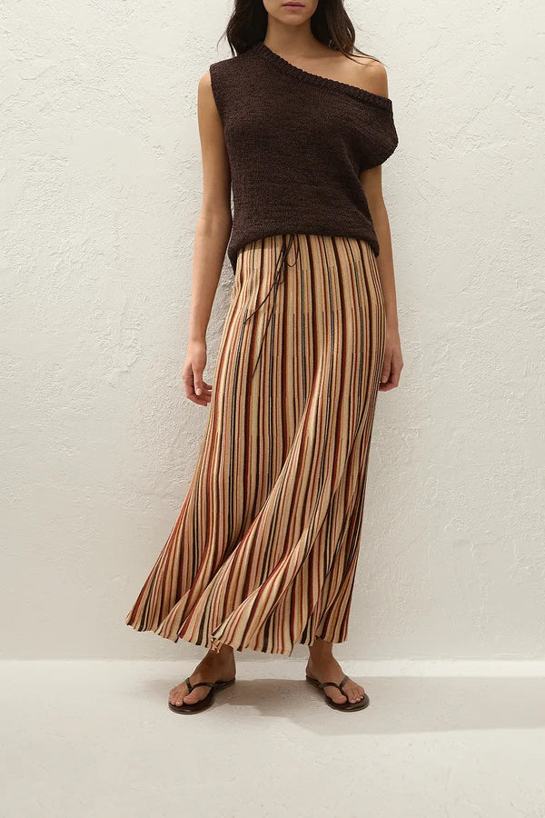 Iden Maxi Skirt in Murano Stripe by Faithfull the Brand, a flared knit midi skirt with drawstring waist and metallic stripe detailing.