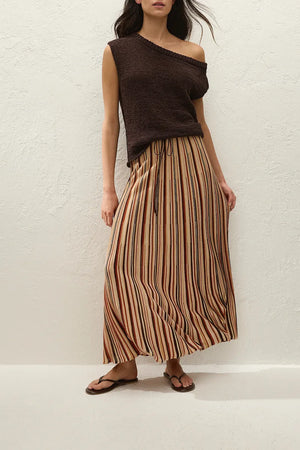 Iden Maxi Skirt in Murano Stripe by Faithfull the Brand, a flared knit midi skirt with drawstring waist and metallic stripe detailing.