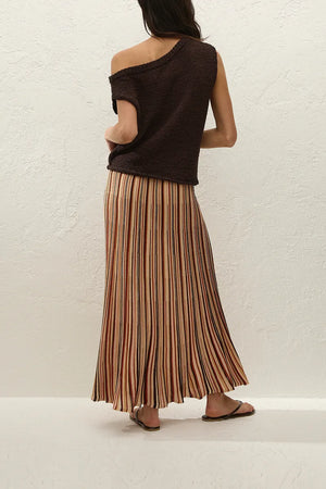 Iden Maxi Skirt in Murano Stripe by Faithfull the Brand, a flared knit midi skirt with drawstring waist and metallic stripe detailing.