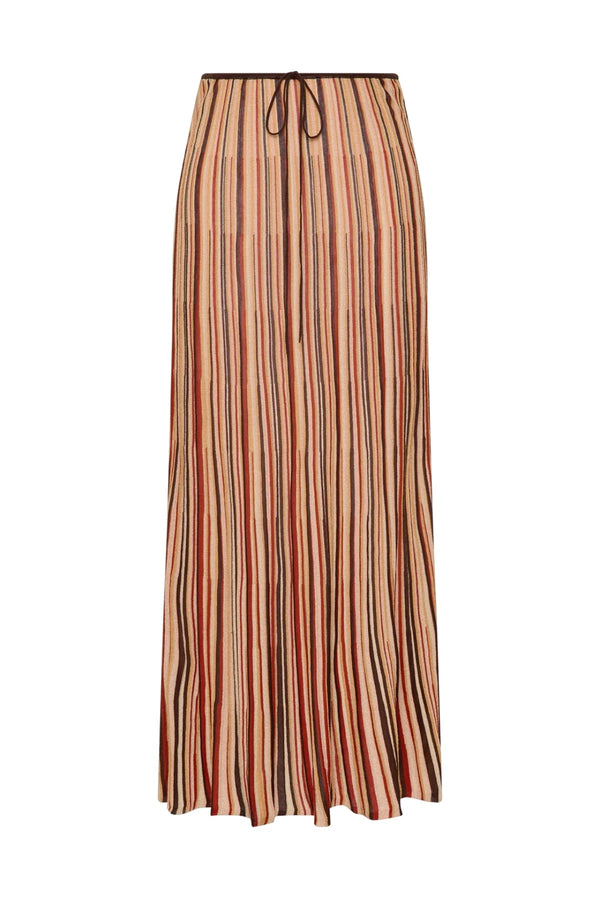 Iden Maxi Skirt in Murano Stripe by Faithfull the Brand, a flared knit midi skirt with drawstring waist and metallic stripe detailing.