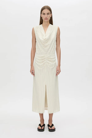 Imara Midi Dress Cream by Camilla and Marc, soft draped silhouette featuring gathered bodice, cowl front, and flattering front split.