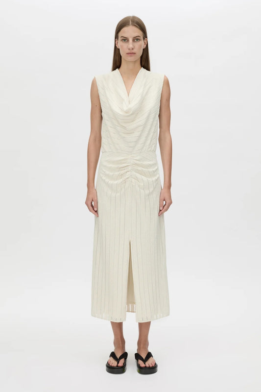 Imara Midi Dress Cream by Camilla and Marc, soft draped silhouette featuring gathered bodice, cowl front, and flattering front split.