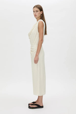 Imara Midi Dress Cream by Camilla and Marc, soft draped silhouette featuring gathered bodice, cowl front, and flattering front split.
