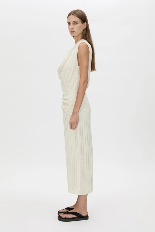 Imara Midi Dress Cream by Camilla and Marc, soft draped silhouette featuring gathered bodice, cowl front, and flattering front split.