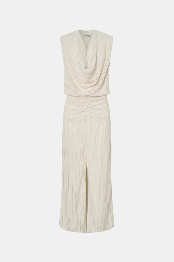 Imara Midi Dress Cream by Camilla and Marc, soft draped silhouette featuring gathered bodice, cowl front, and flattering front split.