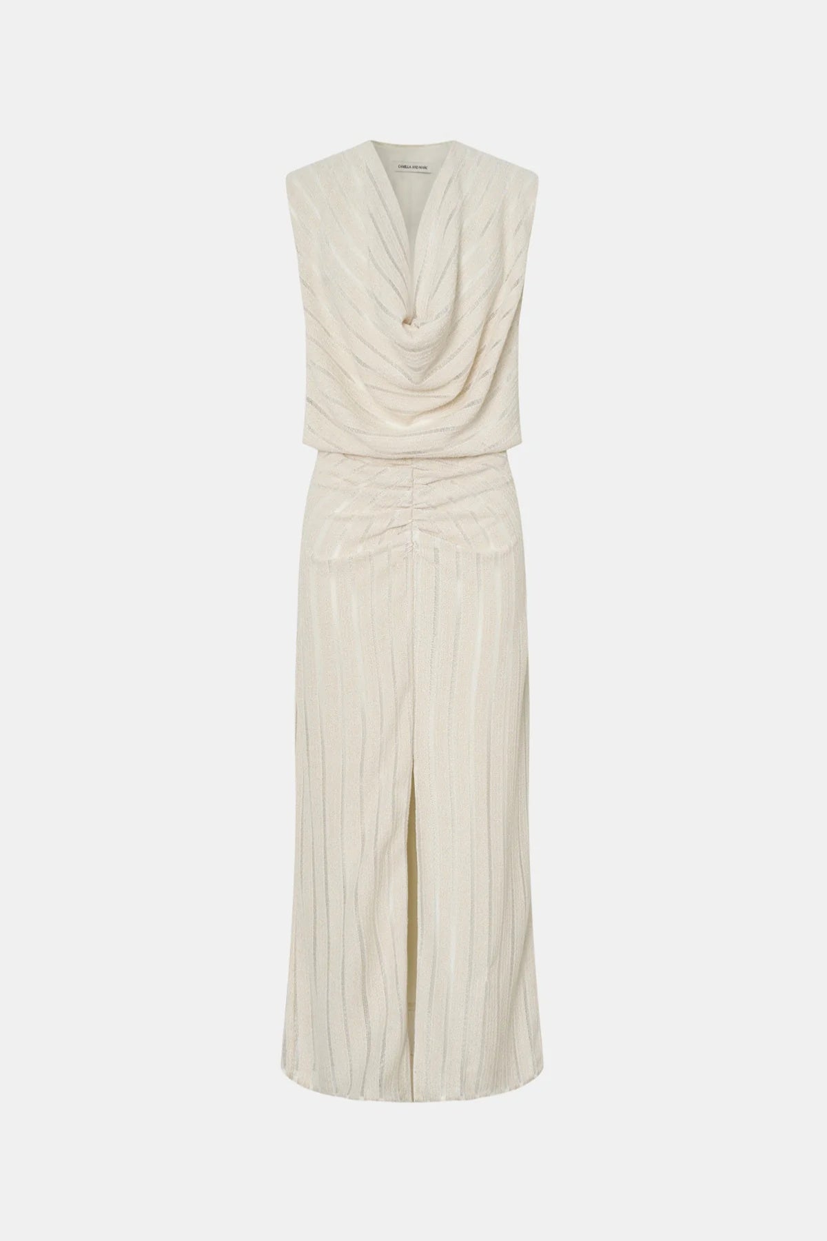 Imara Midi Dress Cream by Camilla and Marc, soft draped silhouette featuring gathered bodice, cowl front, and flattering front split.