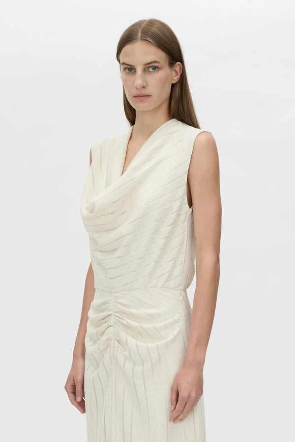 Imara Midi Dress Cream by Camilla and Marc, soft draped silhouette featuring gathered bodice, cowl front, and flattering front split.