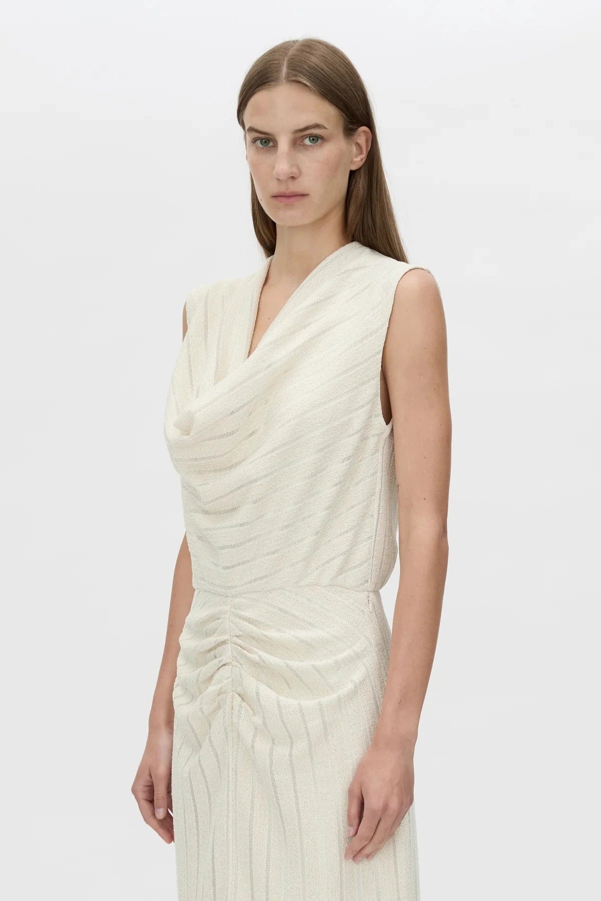Imara Midi Dress Cream by Camilla and Marc, soft draped silhouette featuring gathered bodice, cowl front, and flattering front split.