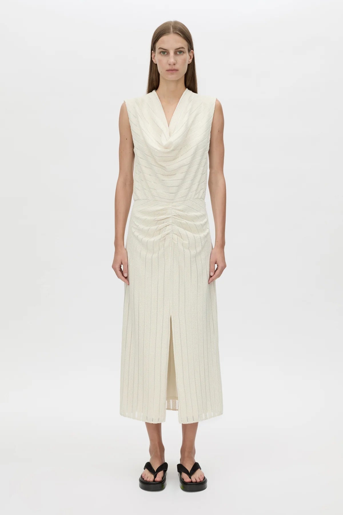 Imara Midi Dress Cream by Camilla and Marc, soft draped silhouette featuring gathered bodice, cowl front, and flattering front split.
