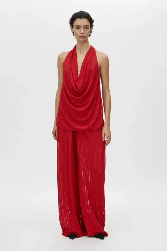 Imara Top by Camilla and Marc – a garnet red cowl-neck halter top with high side splits and a soft drape, perfect for elegant evening looks.