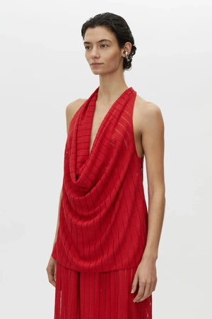 Imara Top by Camilla and Marc – a garnet red cowl-neck halter top with high side splits and a soft drape, perfect for elegant evening looks.