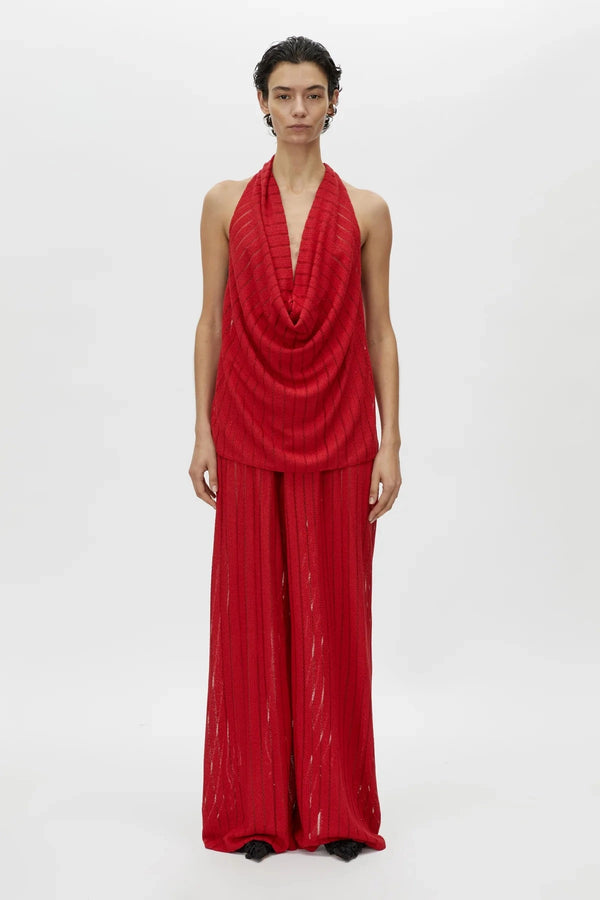 Imara Top by Camilla and Marc – a garnet red cowl-neck halter top with high side splits and a soft drape, perfect for elegant evening looks.