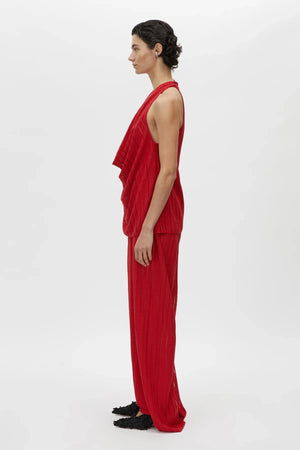 Imara Top by Camilla and Marc – a garnet red cowl-neck halter top with high side splits and a soft drape, perfect for elegant evening looks.