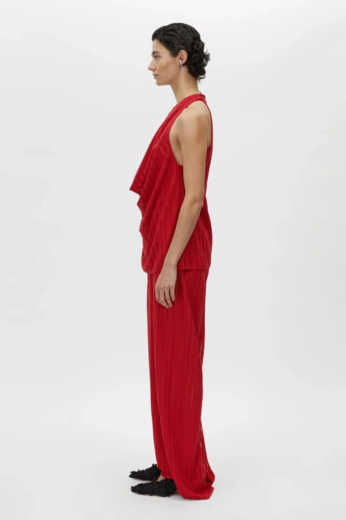 Imara Top by Camilla and Marc – a garnet red cowl-neck halter top with high side splits and a soft drape, perfect for elegant evening looks.