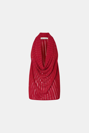 Imara Top by Camilla and Marc – a garnet red cowl-neck halter top with high side splits and a soft drape, perfect for elegant evening looks.