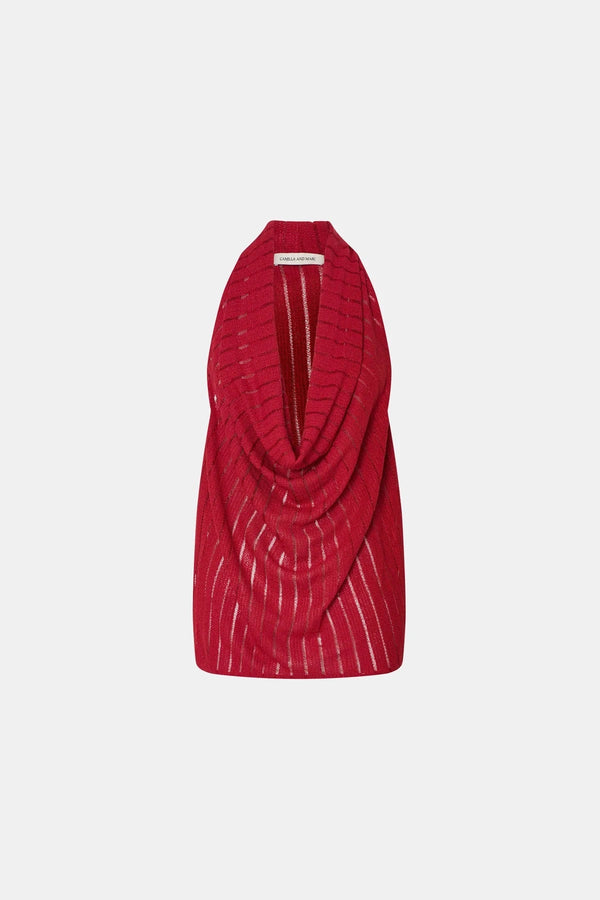 Imara Top by Camilla and Marc – a garnet red cowl-neck halter top with high side splits and a soft drape, perfect for elegant evening looks.