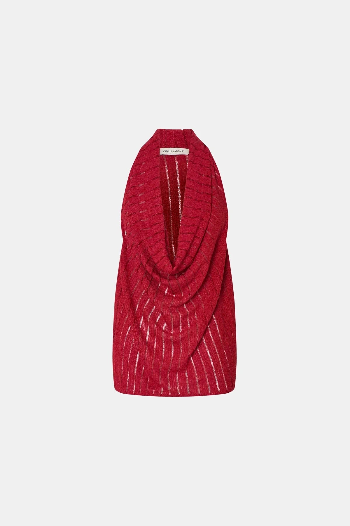 Imara Top by Camilla and Marc – a garnet red cowl-neck halter top with high side splits and a soft drape, perfect for elegant evening looks.