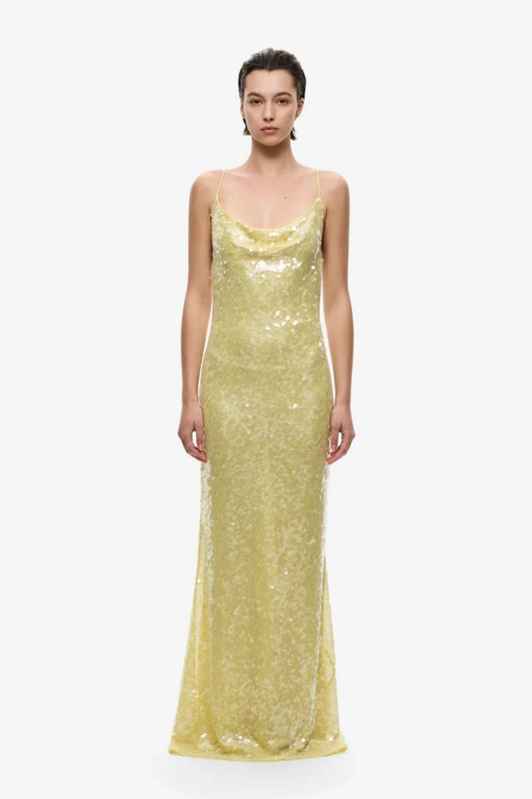 Ina Sequin Maxi Dress Lemon by Misha, a shimmering sequin maxi with cowl neckline and fluid drape for elegant evenings.