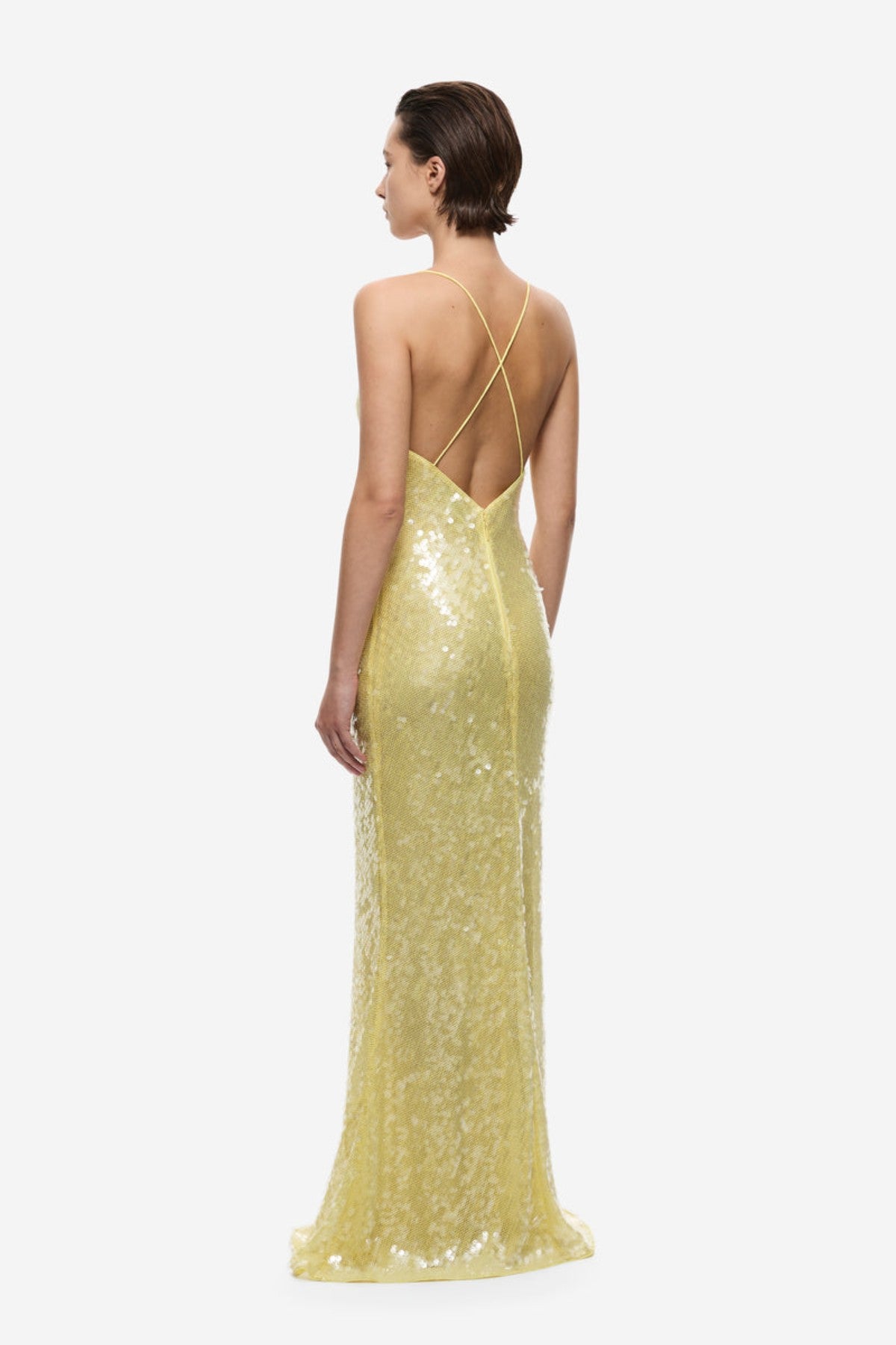 Ina Sequin Maxi Dress Lemon by Misha, a shimmering sequin maxi with cowl neckline and fluid drape for elegant evenings.