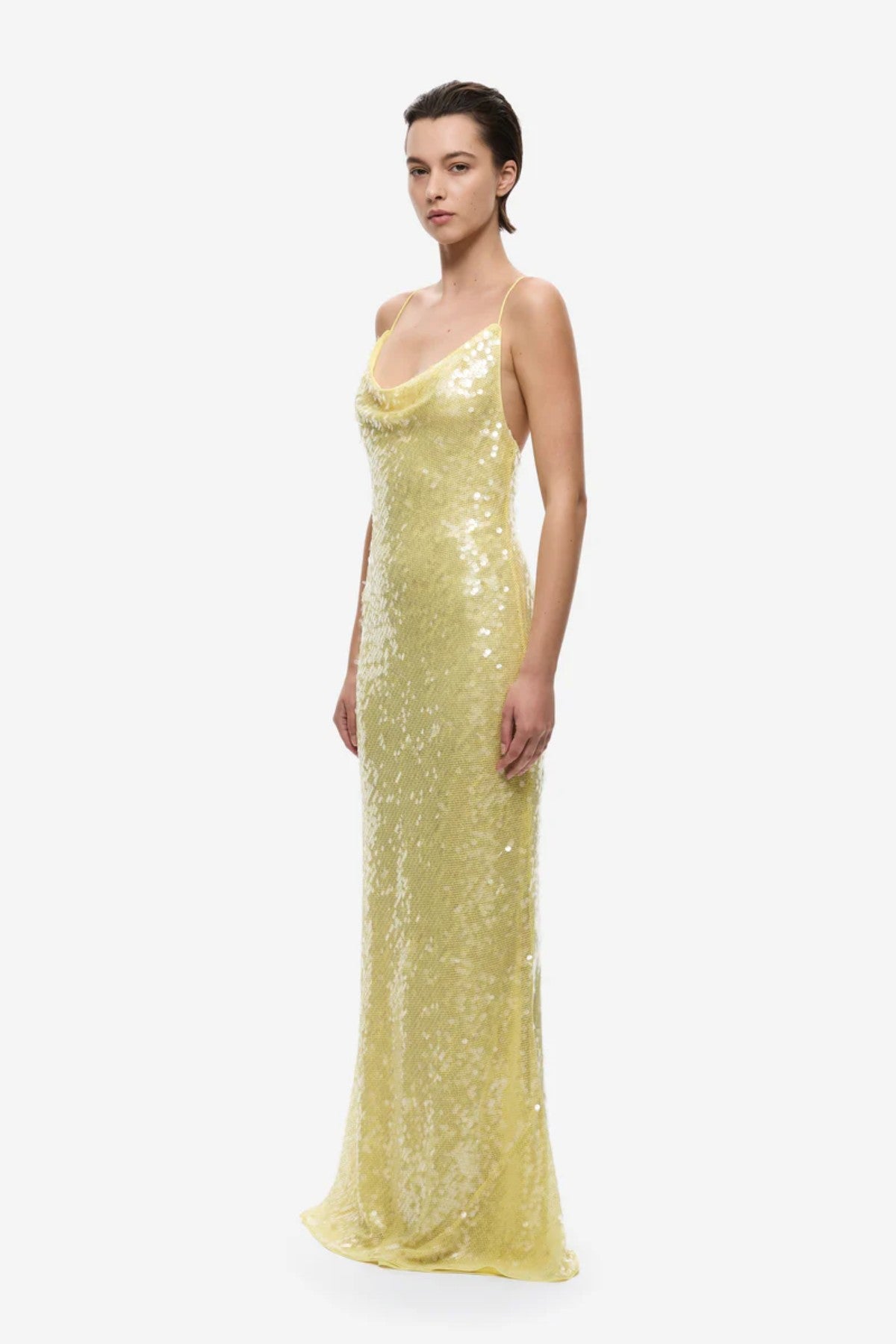 Ina Sequin Maxi Dress Lemon by Misha, a shimmering sequin maxi with cowl neckline and fluid drape for elegant evenings.