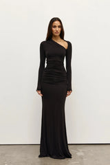 Inaya Maxi Dress Shadow by Bayse – asymmetrical maxi dress with ruched waist and long fitted sleeves.