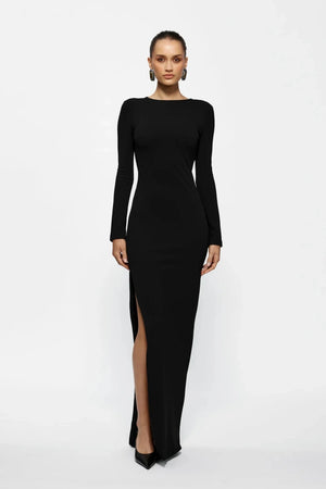 Indie Gown Black by Effie Kats – Long-sleeve stretch crepe gown with dramatic open back, designed to flatter with timeless elegance.