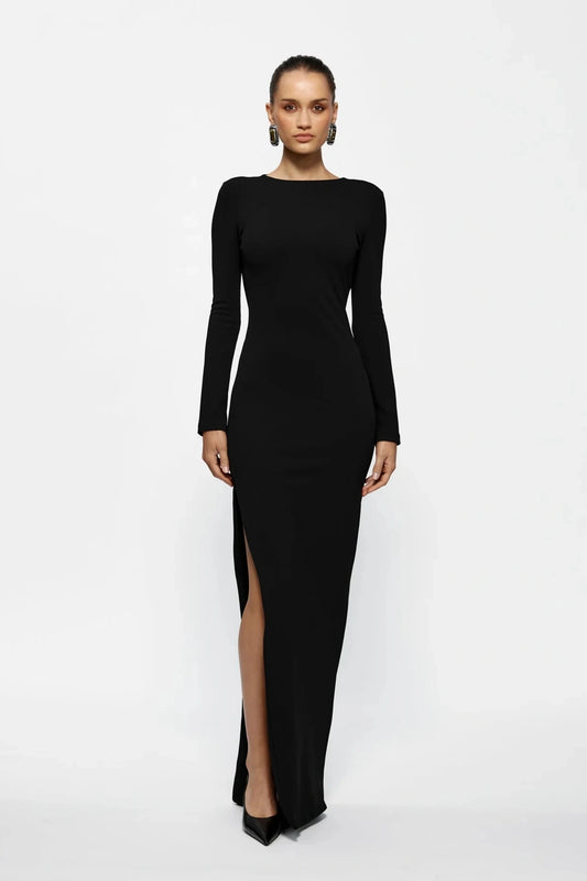 Indie Gown Black by Effie Kats – Long-sleeve stretch crepe gown with dramatic open back, designed to flatter with timeless elegance.