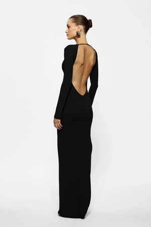 Indie Gown Black by Effie Kats – Long-sleeve stretch crepe gown with dramatic open back, designed to flatter with timeless elegance.