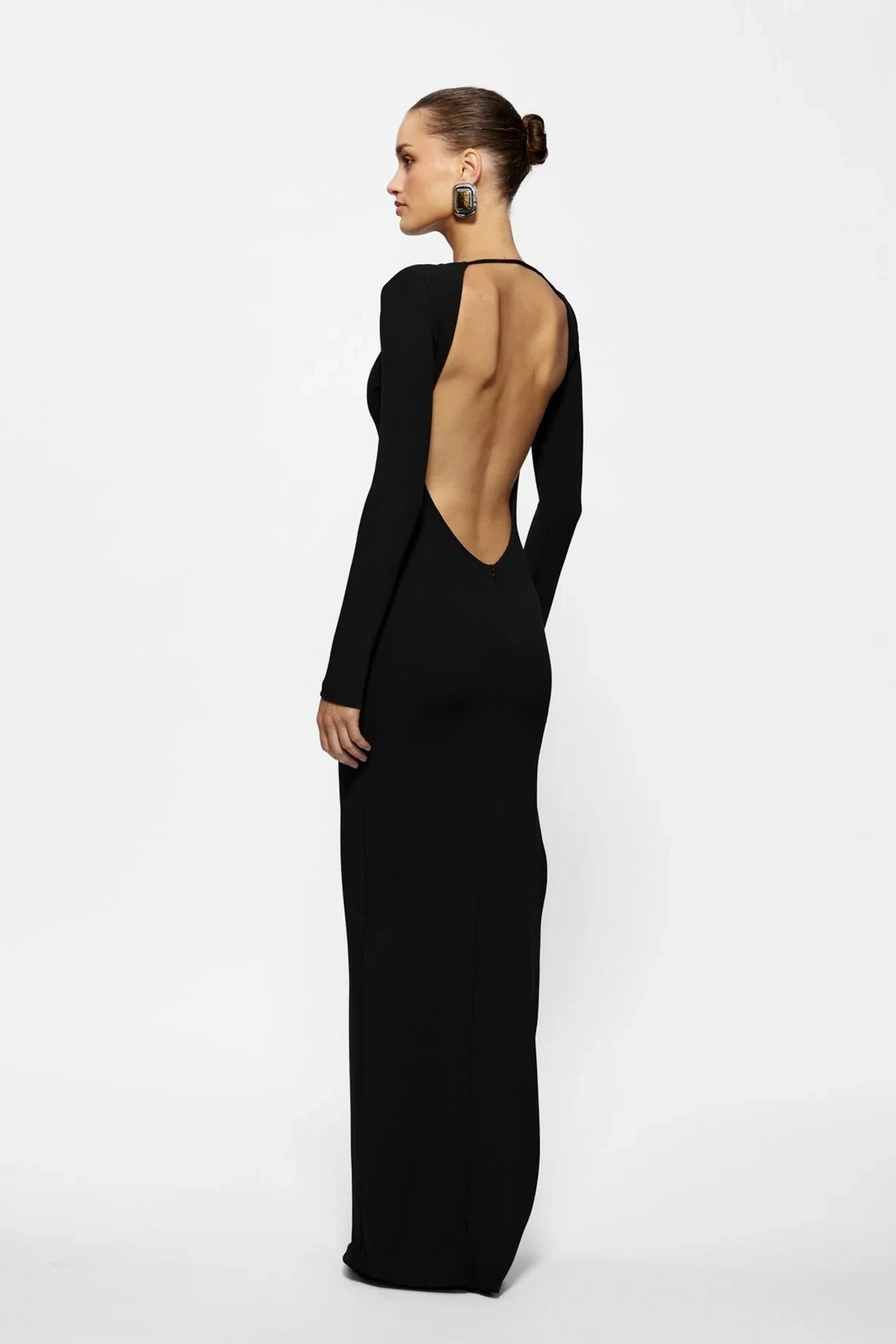 Indie Gown Black by Effie Kats – Long-sleeve stretch crepe gown with dramatic open back, designed to flatter with timeless elegance.